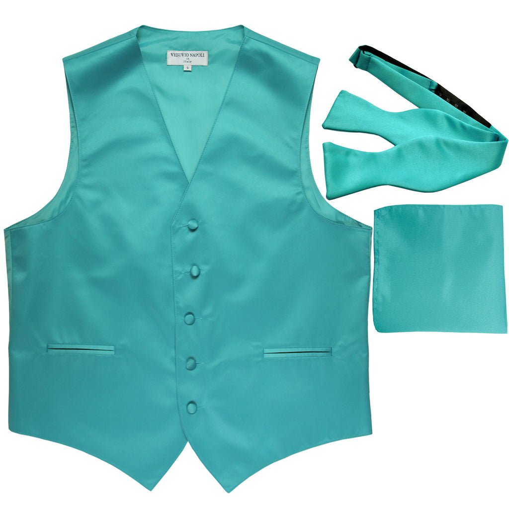 New Men's vest Tuxedo Waistcoat self tie bow tie and hankie set aqua blue