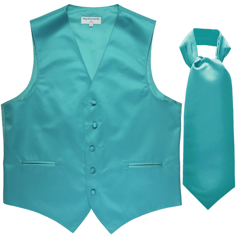 New Men's Formal Tuxedo Vest Waistcoat solid & Ascot cravat Prom aqua blue