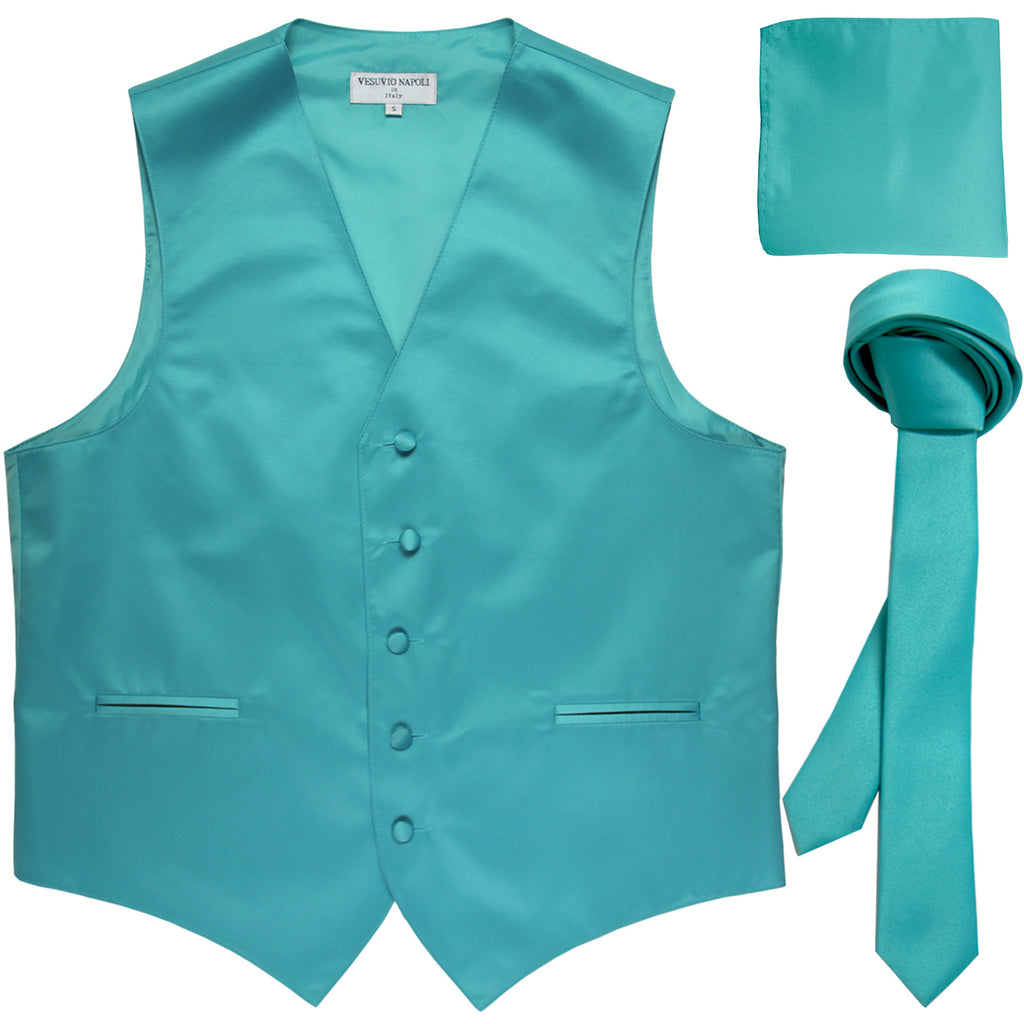 New Men's formal vest Tuxedo Waistcoat_1.5" necktie & hankie set wedding aqua blue