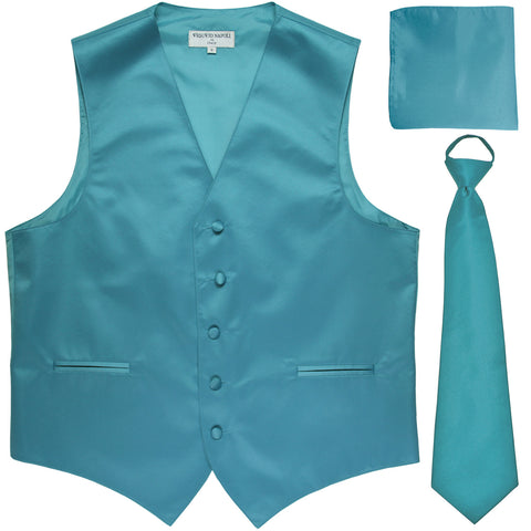 New Men's formal vest Tuxedo Waistcoat pre-tied neck tie and hankie aqua blue
