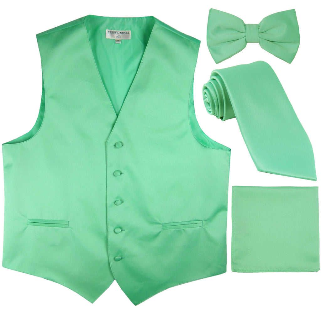 New Men's solid Tuxedo Vest Waistcoat & necktie & Bow tie & Hankie prom aqua green