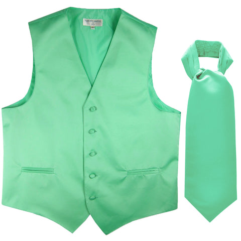 New Men's Formal Tuxedo Vest Waistcoat solid & Ascot cravat Prom aqua green