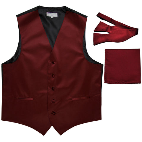 New Men's vest Tuxedo Waistcoat self tie bow tie and hankie set burgundy