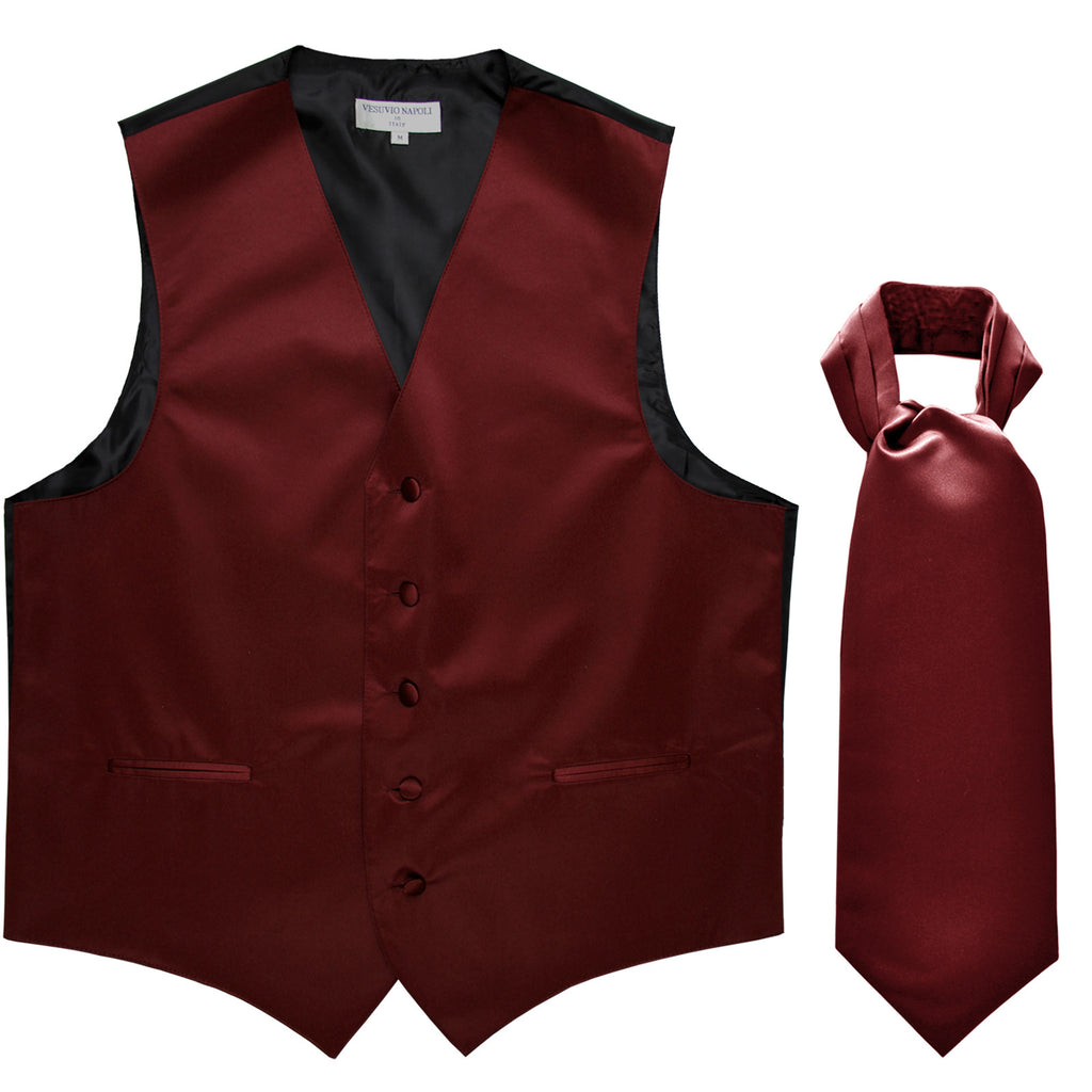 New Men's Formal Tuxedo Vest Waistcoat solid & Ascot cravat Prom burgundy