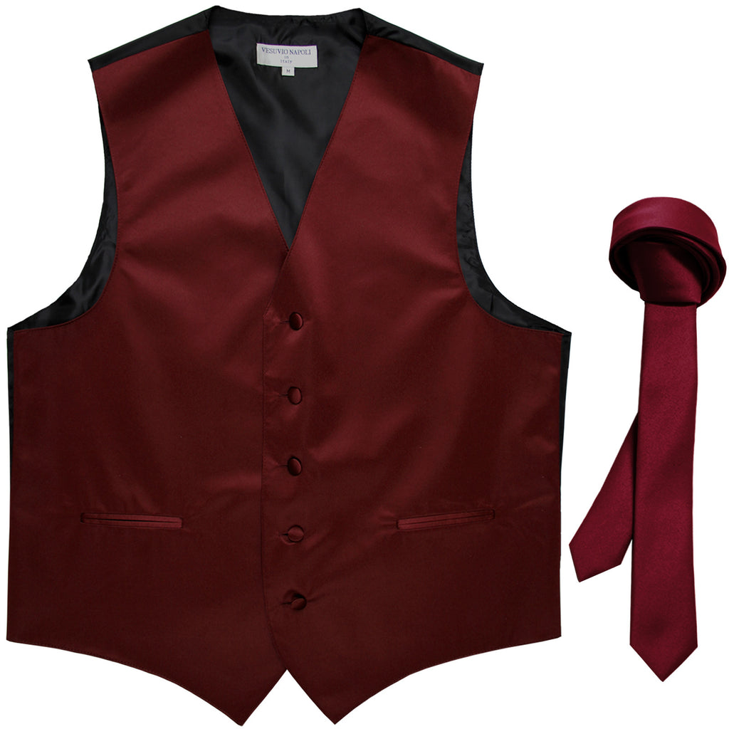 New Men's Formal Tuxedo Vest Waistcoat_1.5" skinny Necktie wedding prom burgundy