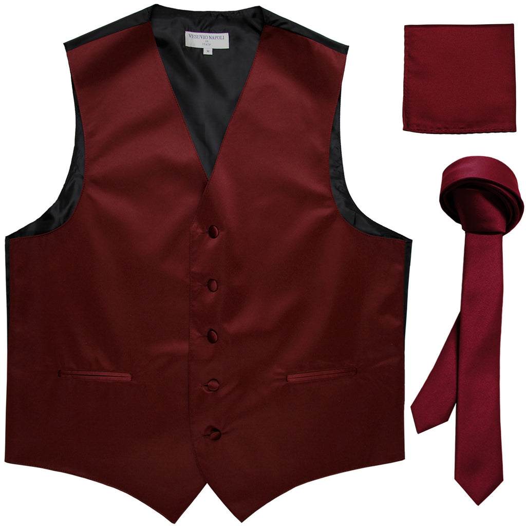 New Men's formal vest Tuxedo Waistcoat_1.5" necktie & hankie set wedding burgundy