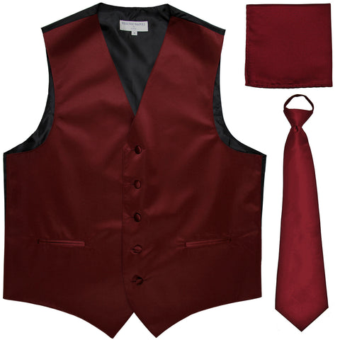 New Men's formal vest Tuxedo Waistcoat pre-tied neck tie and hankie burgundy