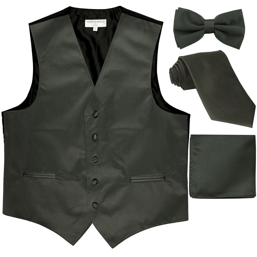 New Men's solid Tuxedo Vest Waistcoat & necktie & Bow tie & Hankie prom dark gray
