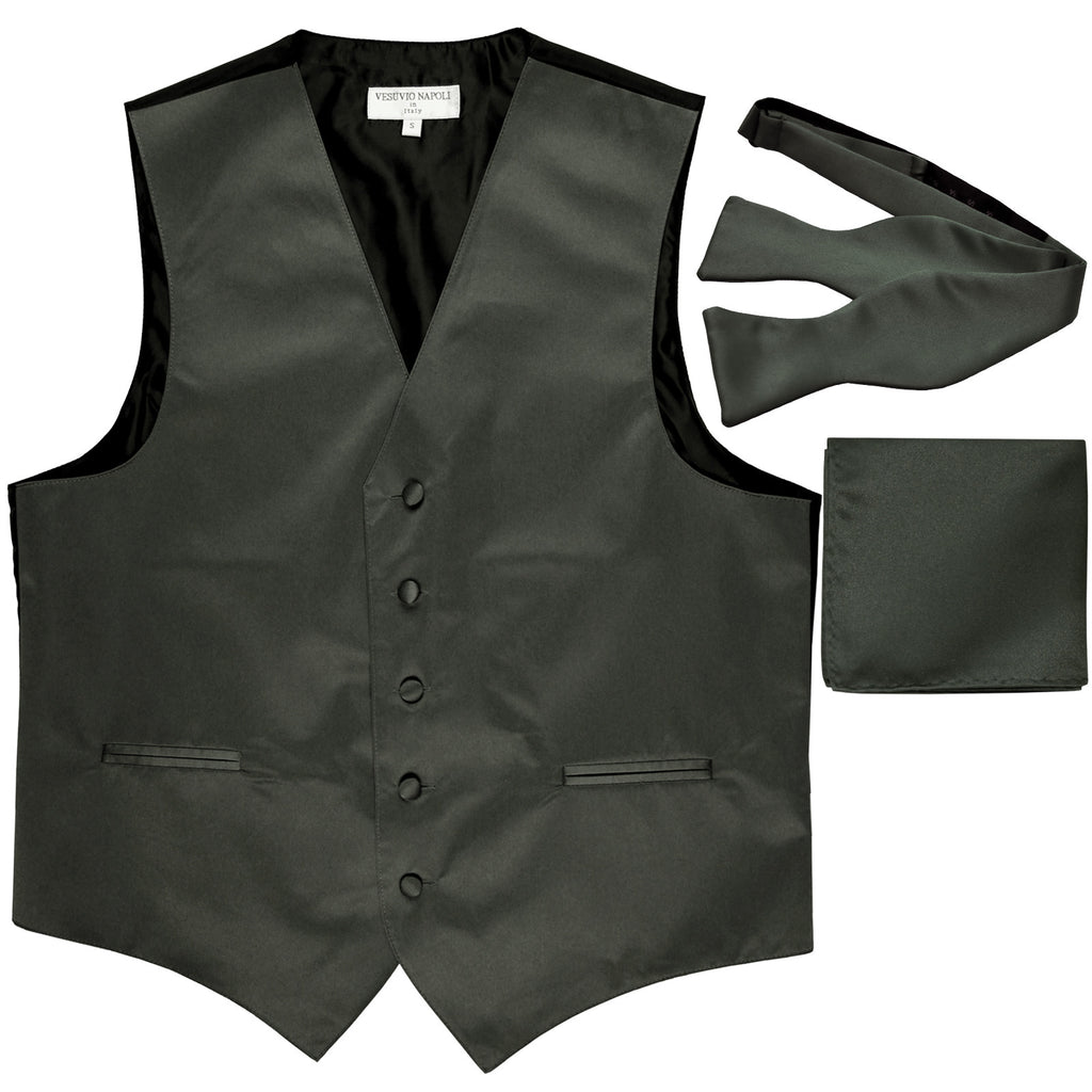 New Men's vest Tuxedo Waistcoat self tie bow tie and hankie set dark gray