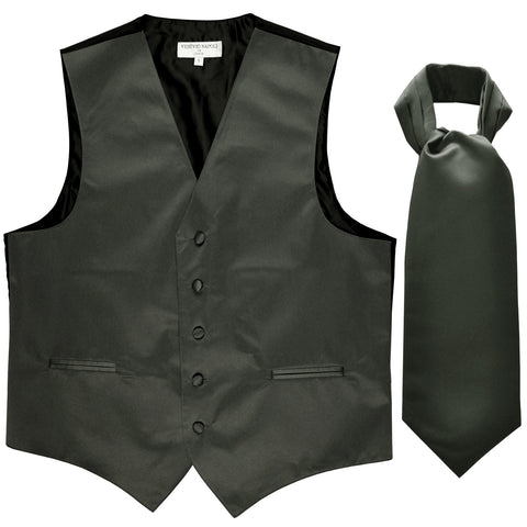 New Men's Formal Tuxedo Vest Waistcoat solid & Ascot cravat Prom dark gray