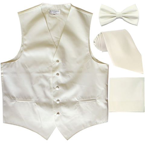 New Men's solid Tuxedo Vest Waistcoat & necktie & Bow tie & Hankie prom cream