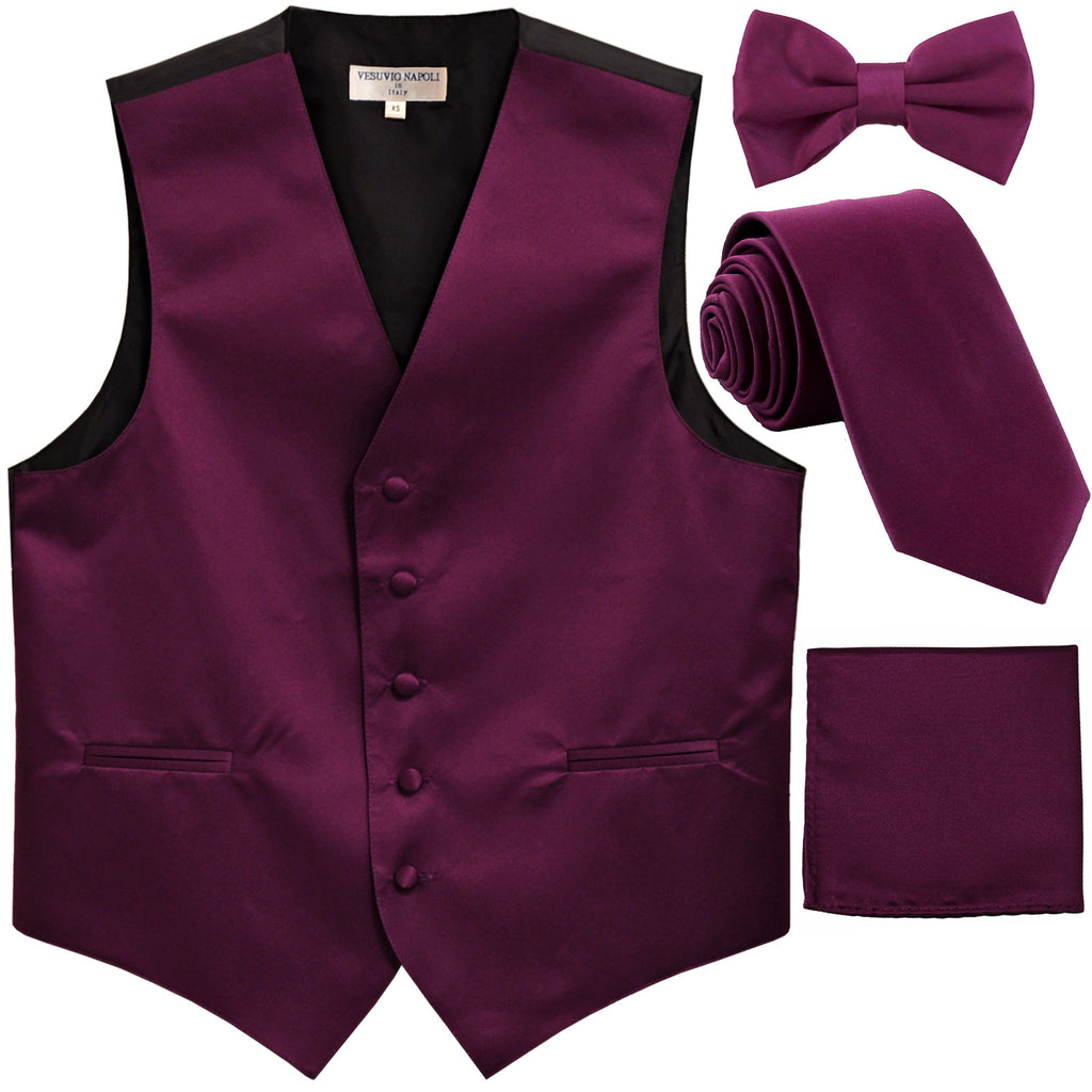 New Men's solid Tuxedo Vest Waistcoat & necktie & Bow tie & Hankie prom eggplant
