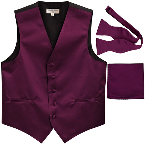 New Men's vest Tuxedo Waistcoat self tie bow tie and hankie set eggplant