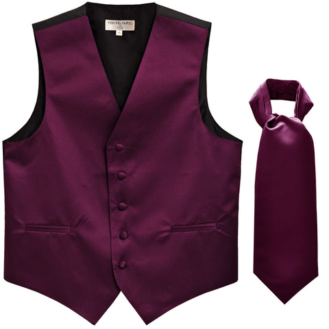 New Men's Formal Tuxedo Vest Waistcoat solid & Ascot cravat Prom eggplant