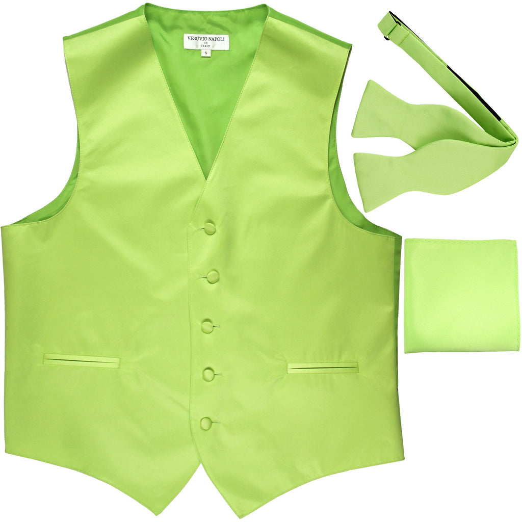 New Men's vest Tuxedo Waistcoat self tie bow tie and hankie set lime green