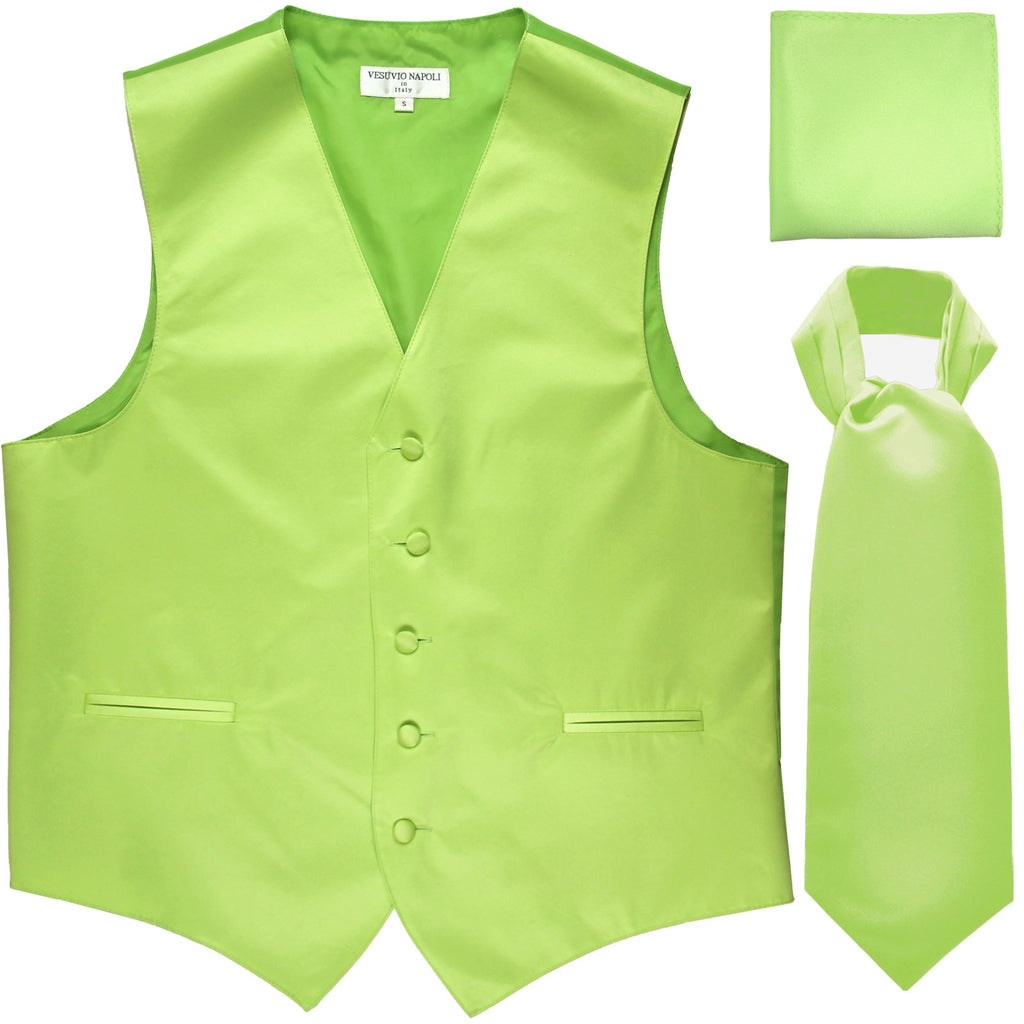 New Men's formal vest Tuxedo Waistcoat ascot hankie set wedding prom lime green
