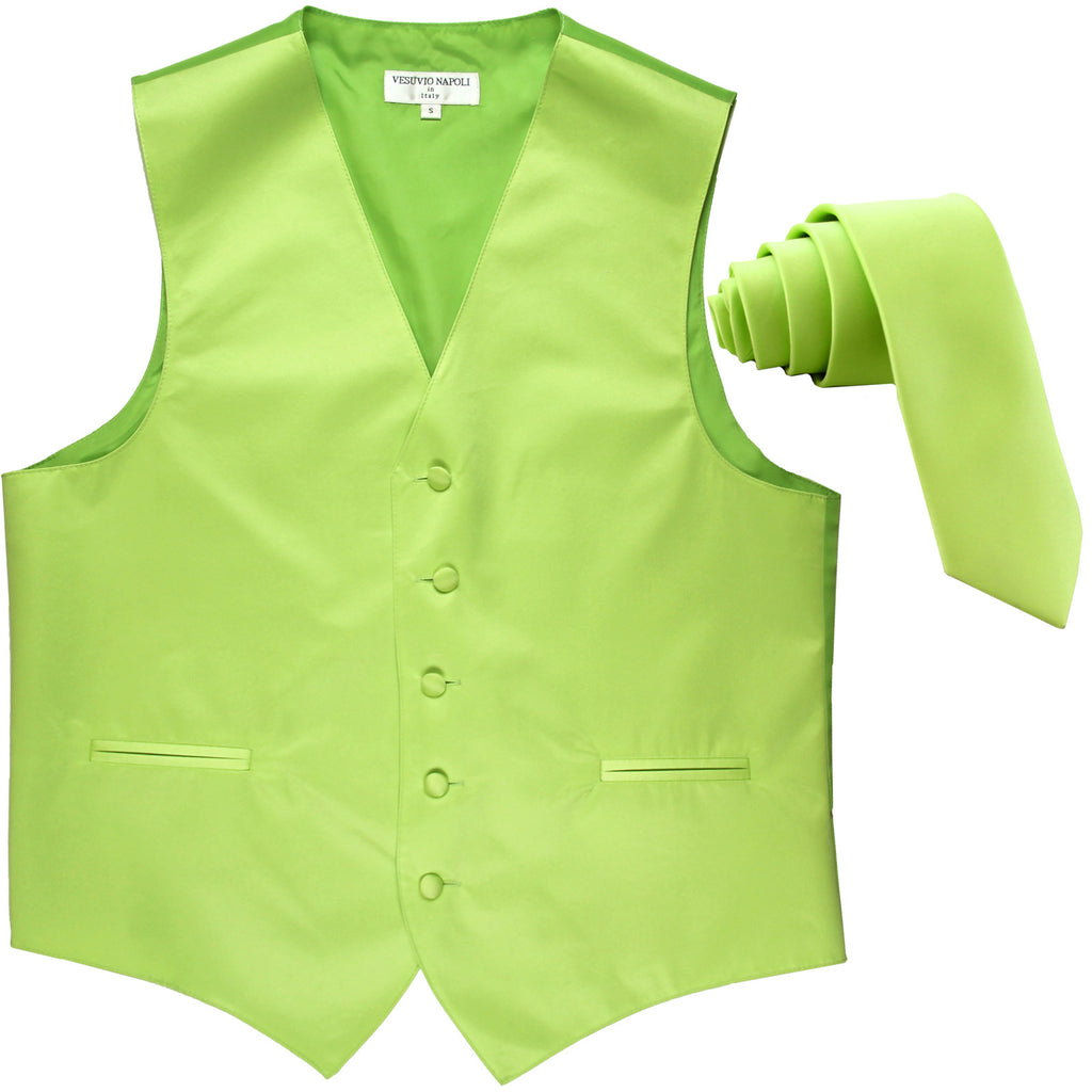 New Men's Formal Tuxedo Vest Waistcoat_2.5" skinny Necktie solid wedding lime green