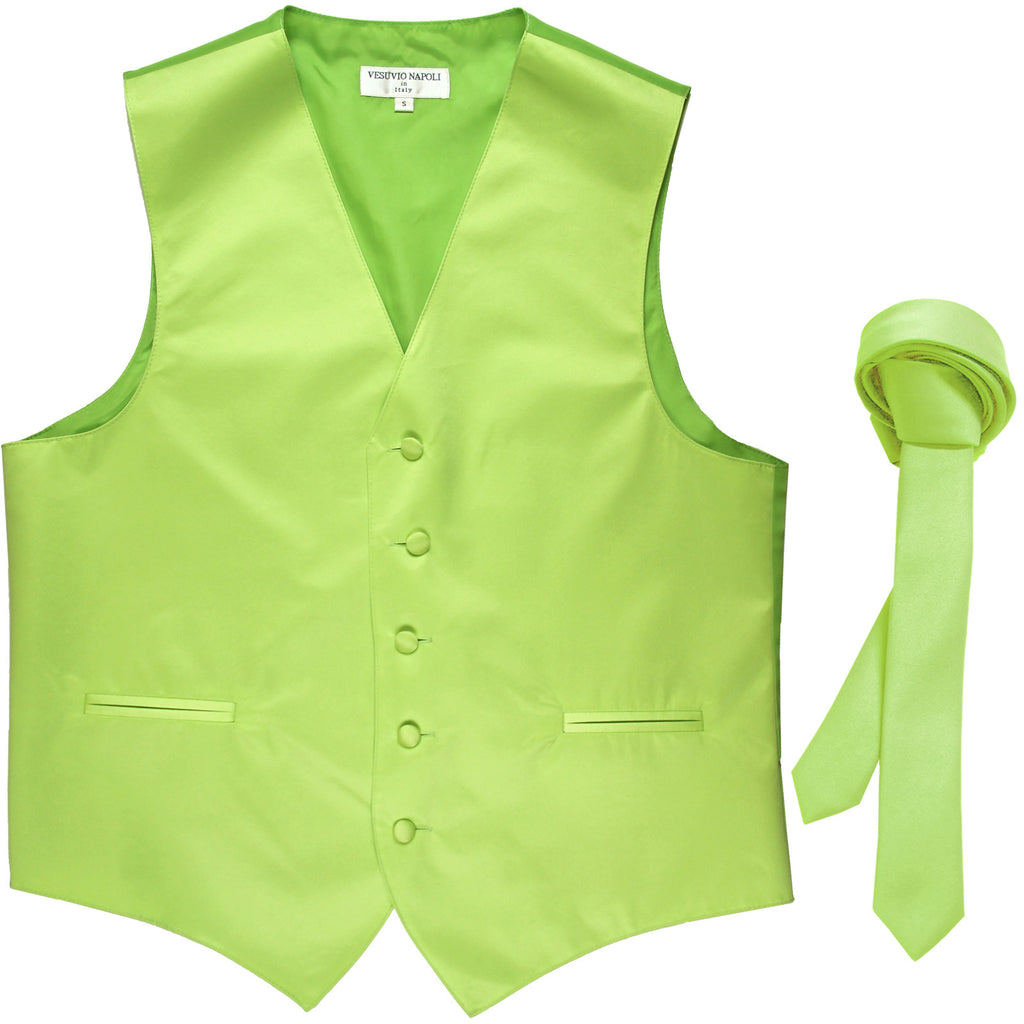 New Men's Formal Tuxedo Vest Waistcoat_1.5" skinny Necktie wedding prom lime green