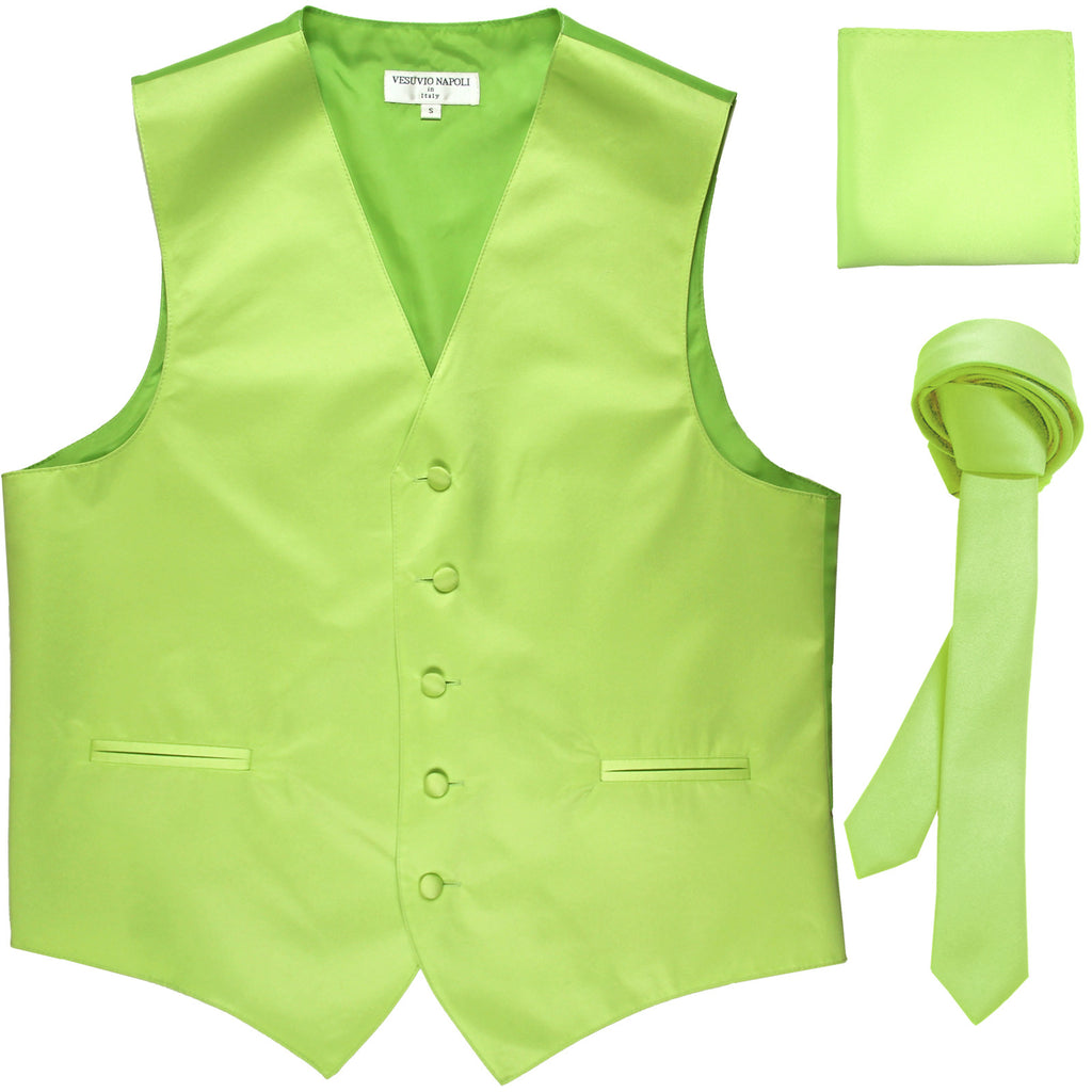 New Men's formal vest Tuxedo Waistcoat_1.5" necktie & hankie set wedding lime green
