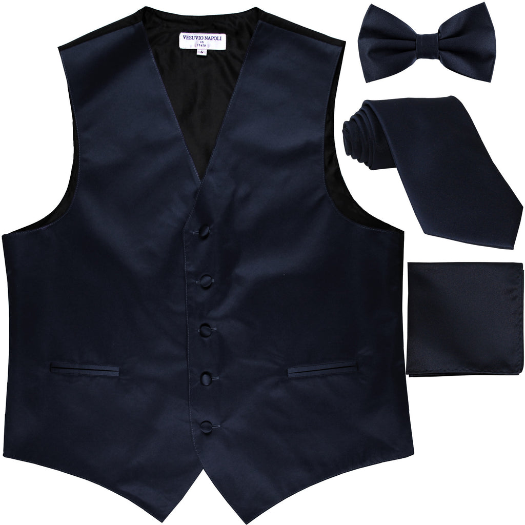 New Men's solid Tuxedo Vest Waistcoat & necktie & Bow tie & Hankie prom navy