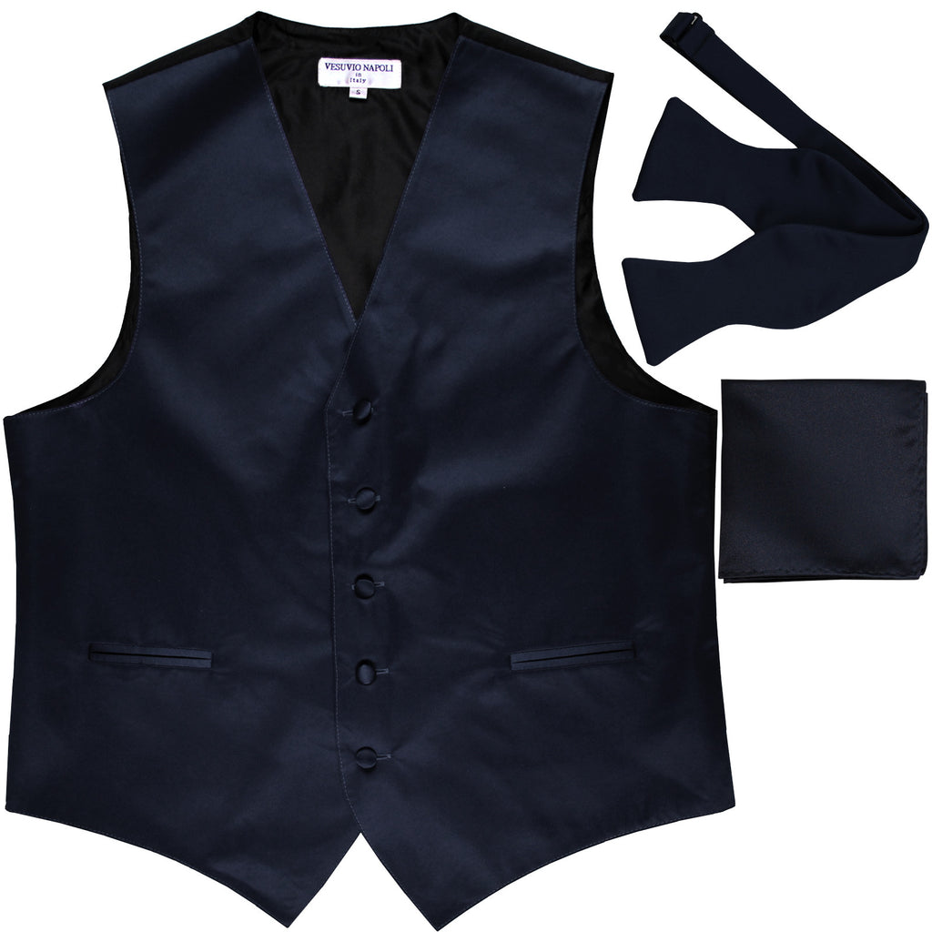 New Men's vest Tuxedo Waistcoat self tie bow tie and hankie set navy