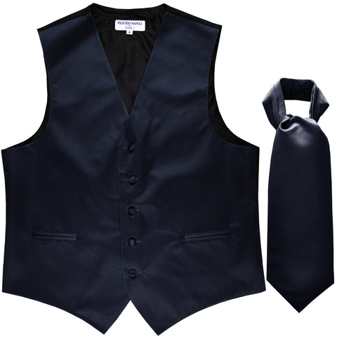 New Men's Formal Tuxedo Vest Waistcoat solid & Ascot cravat Prom navy