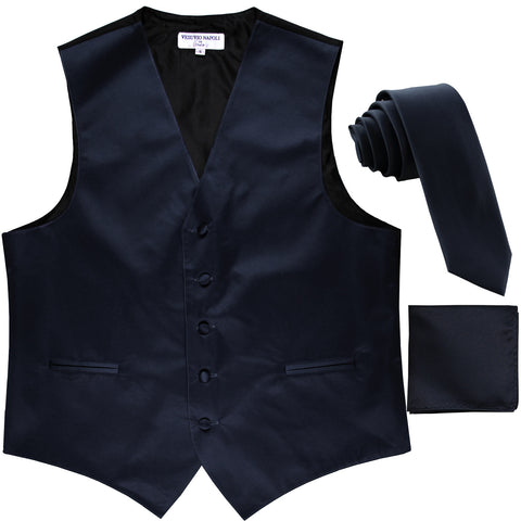 New Men's formal vest Tuxedo Waistcoat_1.5" necktie & hankie set wedding navy