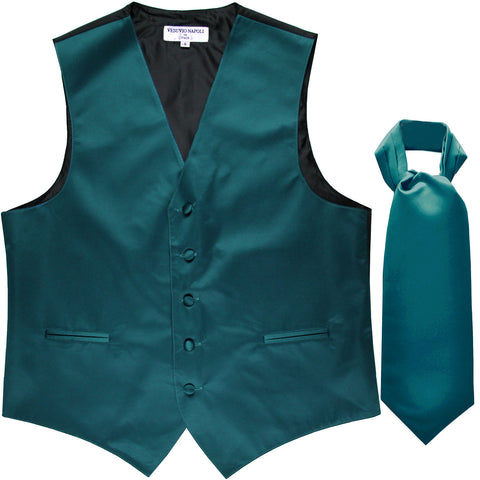 New Men's Formal Tuxedo Vest Waistcoat solid & Ascot cravat Prom sapphire blue