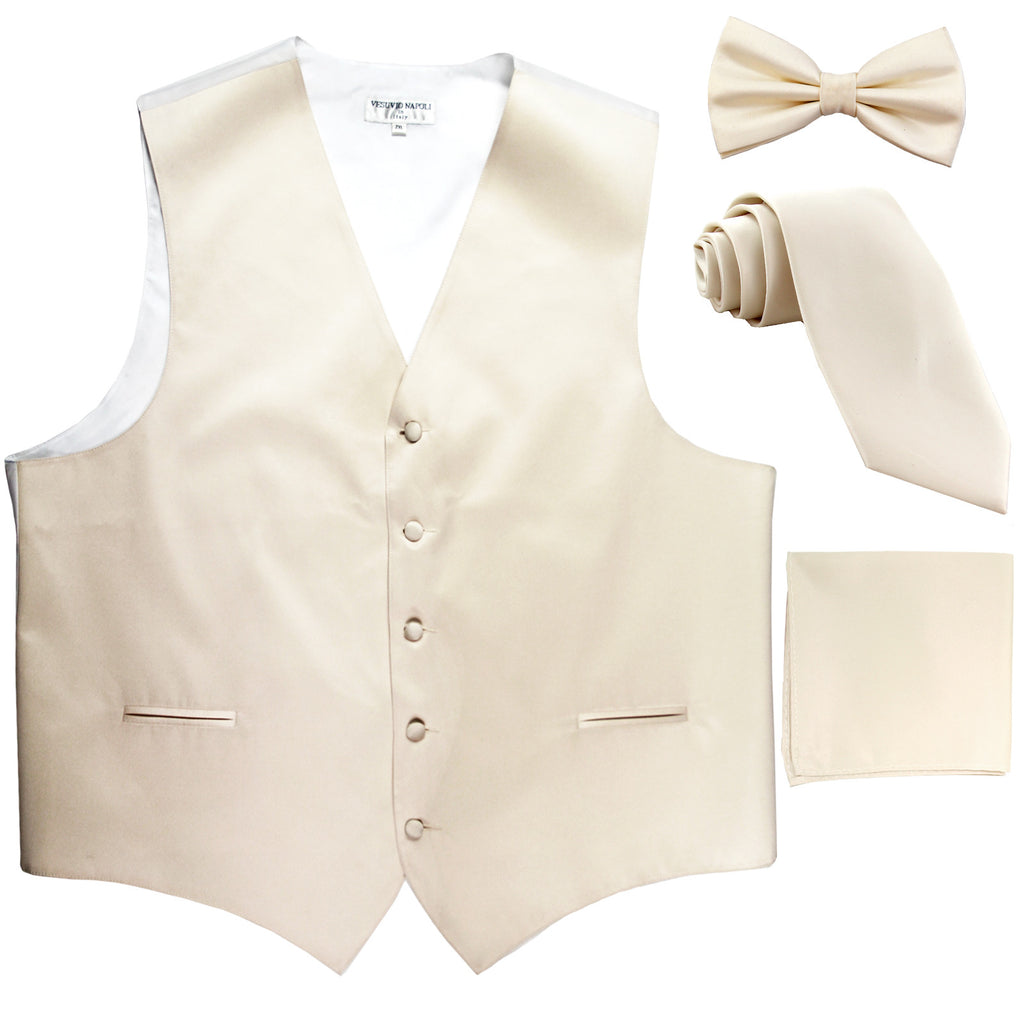 New Men's solid Tuxedo Vest Waistcoat & necktie & Bow tie & Hankie prom ivory