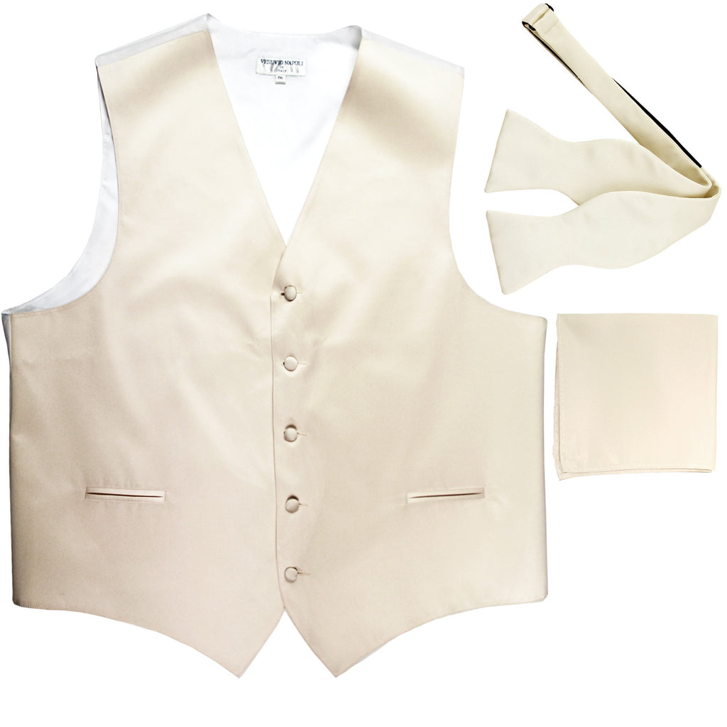 New Men's vest Tuxedo Waistcoat self tie bow tie and hankie set ivory