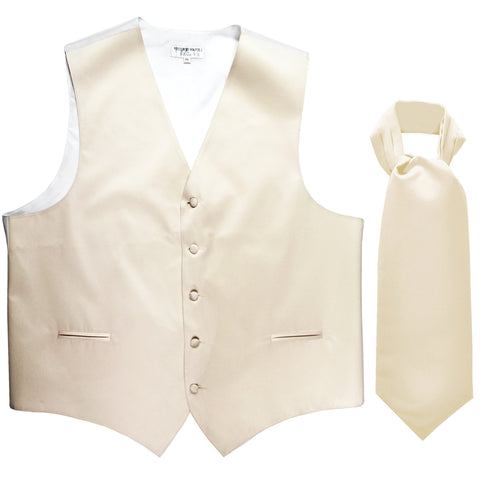 New Men's Formal Tuxedo Vest Waistcoat solid & Ascot cravat Prom ivory
