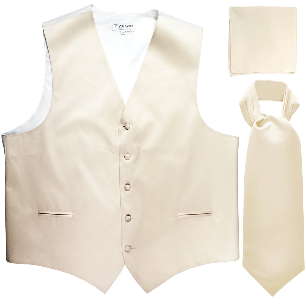 New Men's formal vest Tuxedo Waistcoat ascot hankie set wedding prom ivory
