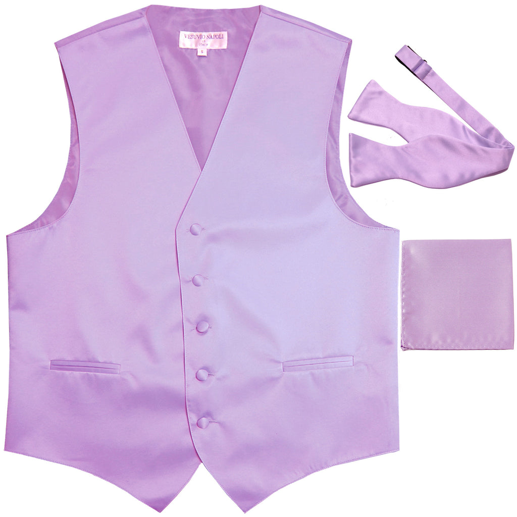 New Men's vest Tuxedo Waistcoat self tie bow tie and hankie set lavender
