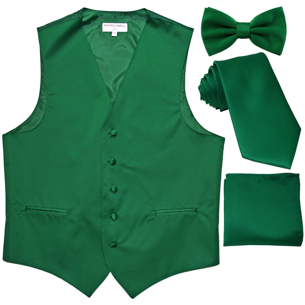 New Men's solid Tuxedo Vest Waistcoat & necktie & Bow tie & Hankie prom emerald green