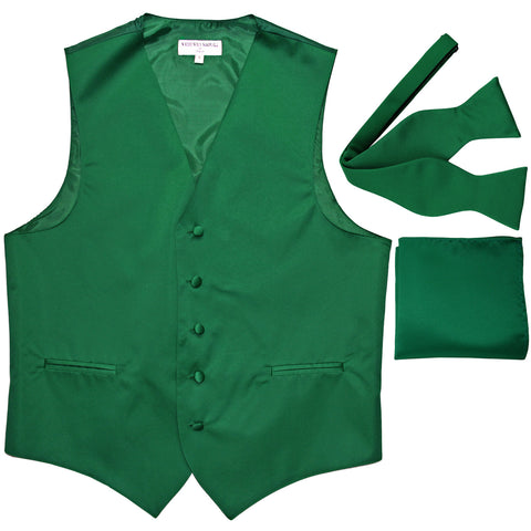 New Men's vest Tuxedo Waistcoat self tie bow tie and hankie set emerald green