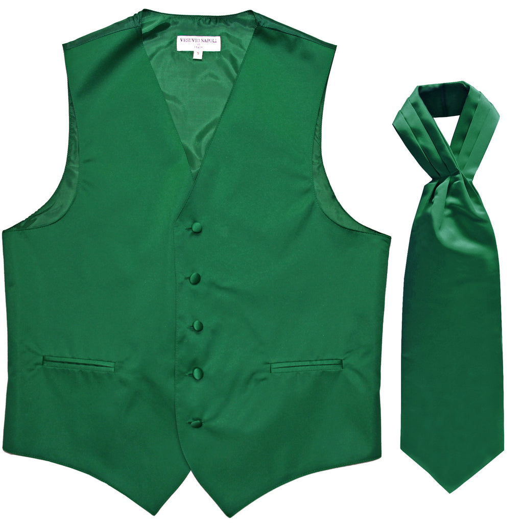 New Men's Formal Tuxedo Vest Waistcoat solid & Ascot cravat Prom emerald green