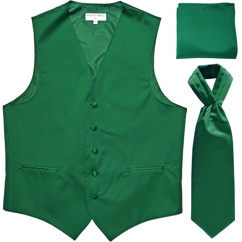 New Men's formal vest Tuxedo Waistcoat ascot hankie set wedding prom emerald green