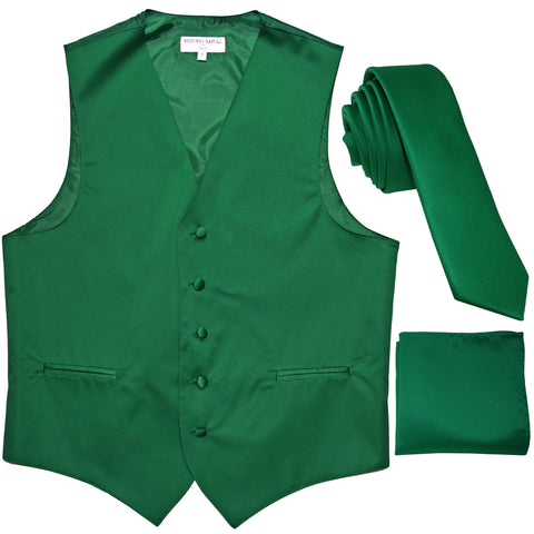 New Men's formal vest Tuxedo Waistcoat_1.5" necktie & hankie set wedding emerald green