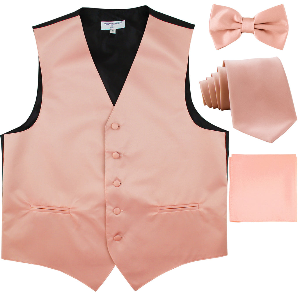 New Men's solid Tuxedo Vest Waistcoat & necktie & Bow tie & Hankie prom misty pink
