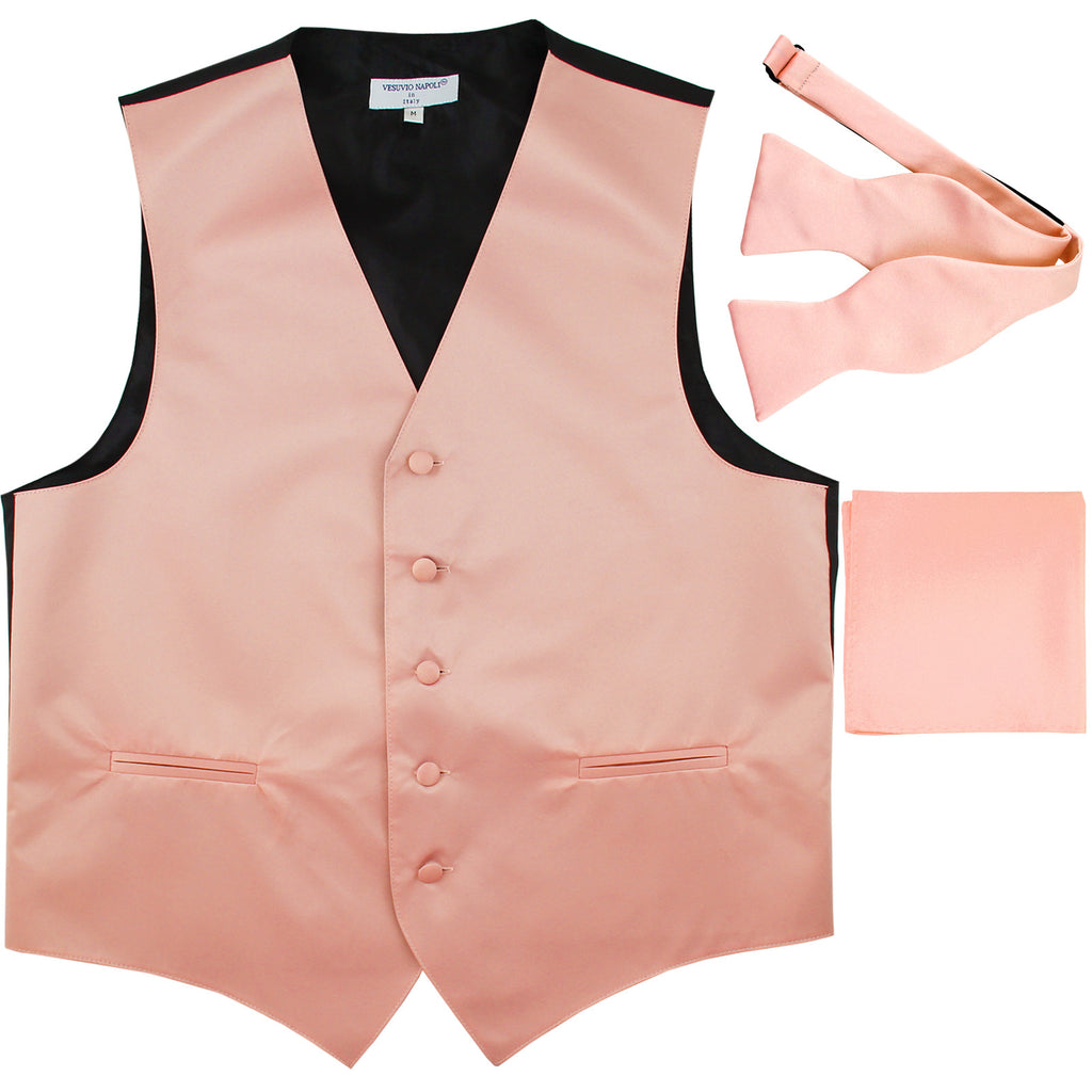 New Men's vest Tuxedo Waistcoat self tie bow tie and hankie set misty pink