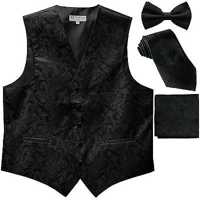 New Men's Paisley Tuxedo Vest Waistcoat & necktie & Bow tie & Hankie Black