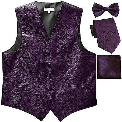 New Men's Paisley Tuxedo Vest Waistcoat & necktie & Bow tie & Hankie Dark Purple