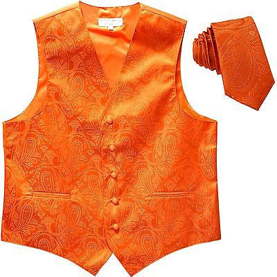 New Men's Formal Vest Tuxedo Waistcoat_necktie paisley pattern wedding orange