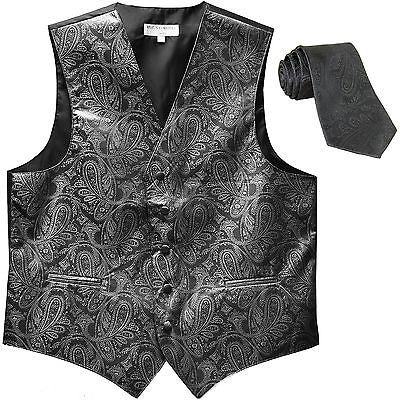 New Men's Formal Vest Tuxedo Waistcoat_necktie paisley pattern prom dark gray