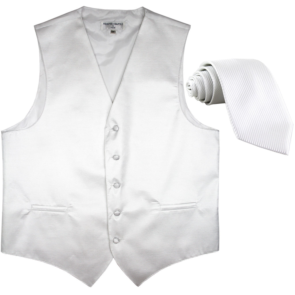 New formal men's tuxedo vest waistcoat & necktie horizontal stripes prom white