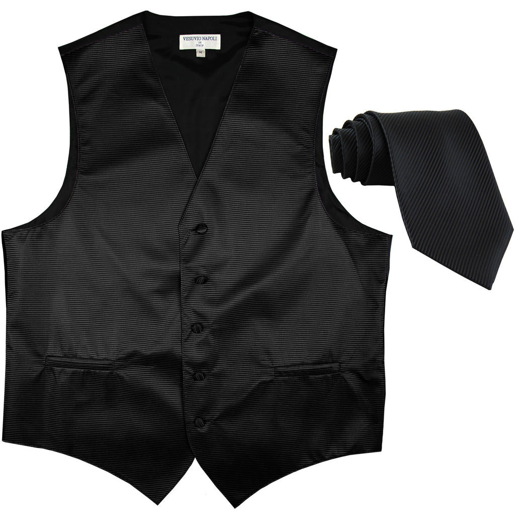 New formal men's tuxedo vest waistcoat & necktie horizontal stripes prom black