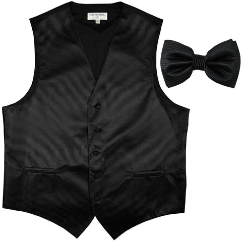New formal men's tuxedo vest waistcoat & bowtie horizontal stripes prom black