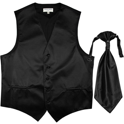 New men's tuxedo vest waistcoat & ascot horizontal stripes prom black