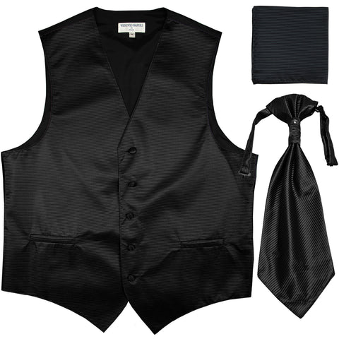 New Men's Horizontal Stripes Tuxedo Vest Waistcoat & Ascot & Hankie Set black