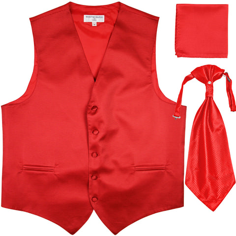 New Men's Horizontal Stripes Tuxedo Vest Waistcoat & Ascot & Hankie Set red